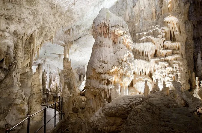 Helle Stalagmiten und Sintervorhänge am Fußweg in der Höhle von Postojna