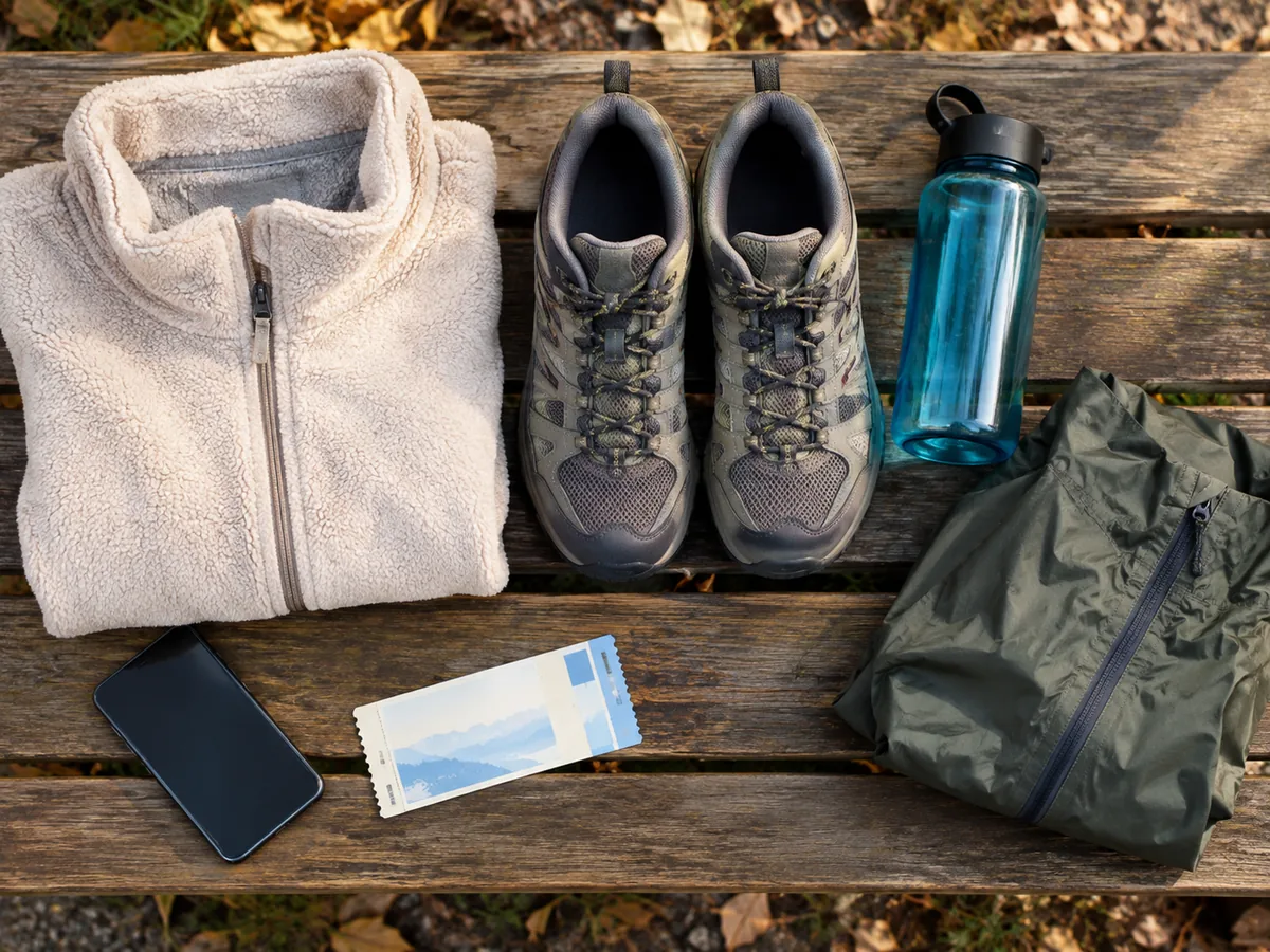 Eine Fleecejacke, Wanderschuhe, eine Wasserflasche, ein Handy und eine Regenjacke auf einer Holzbank