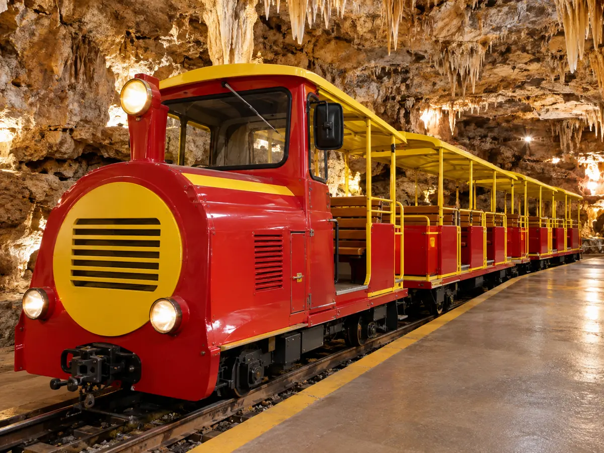 Eine leere rot-gelbe Höhlenbahn wartet an einem Bahnsteig unter Stalaktiten